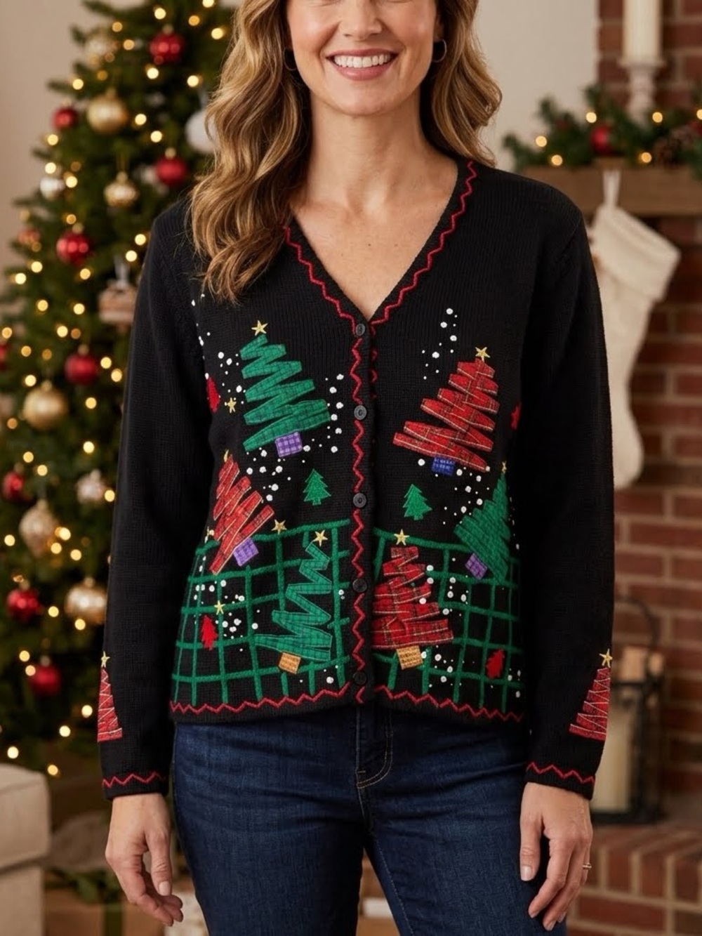 Designers Originals Studio Joy Christmas Cardigan Plaid Trees Snowman Vintage PM
